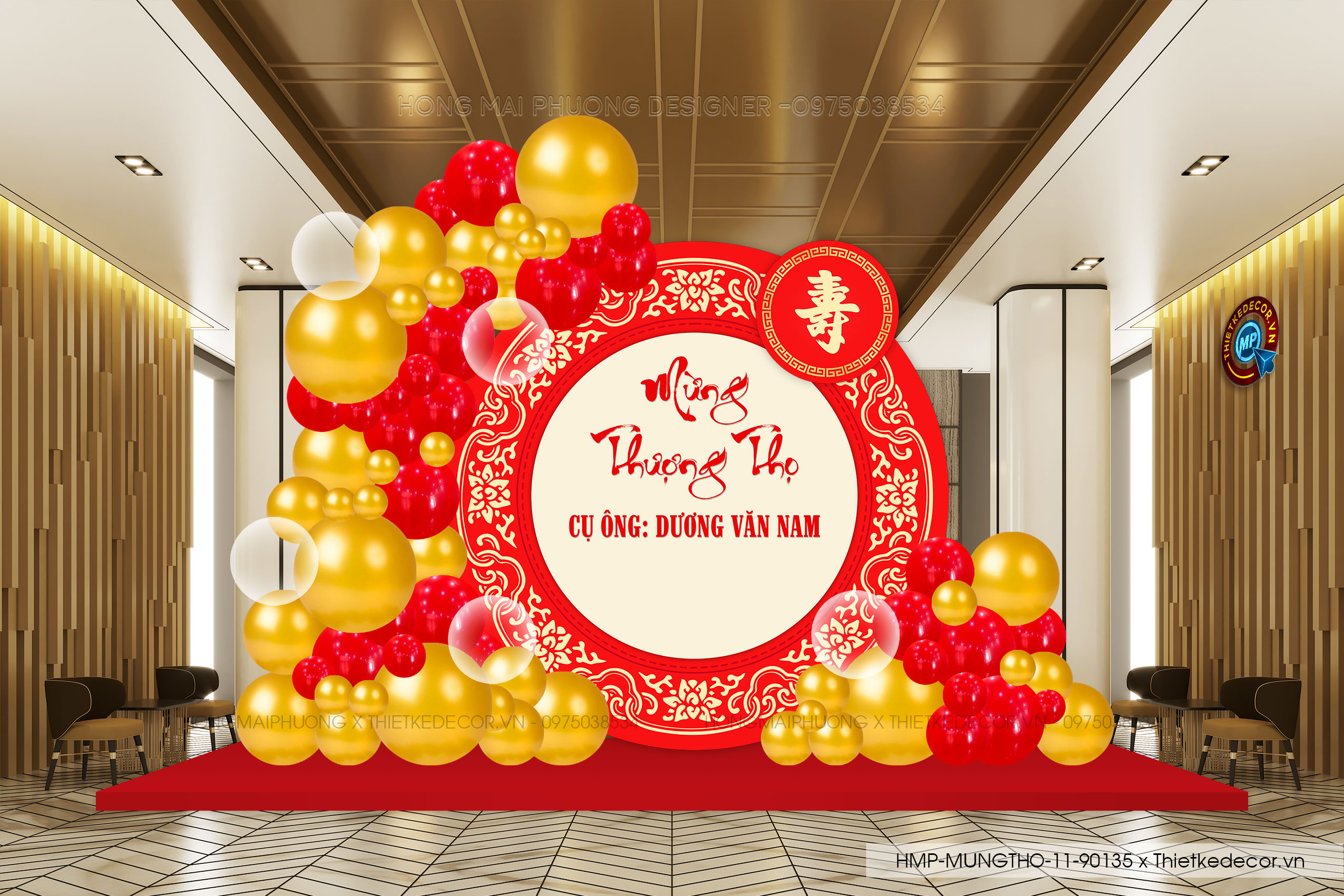 File thiết kế trang trí tiệc mừng thọ tone đỏ vàng sang trọng